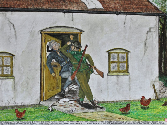 Returning to the farmhouse I threw the white flags inside. The Belgium soldier yelling at me in Flemish, picking up some flags and threw them in my face, saying “Piss off my land.” As he came to the door I snatched his rifle away and threw a left hook punch to his jaw, knocking him out. I broke his rifle in half. Vlamertinghe.