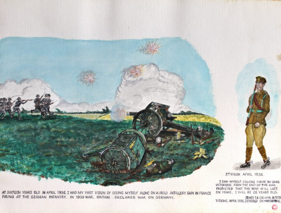 At sixteen years old in April 1936, I had my first vision of seeing myself alone on a field artillery gun in France firing at the German infantry. In 1939 War. Britain declared war on Germany.
2nd Vision April 1936. I saw myself coming home in 1946 victorious from the end of the war. Predicted that the war will last six years. I will be 26 years old. Joined T.A. on April 18 1939.
Visions, April 1936. Demobbed on March 1946.