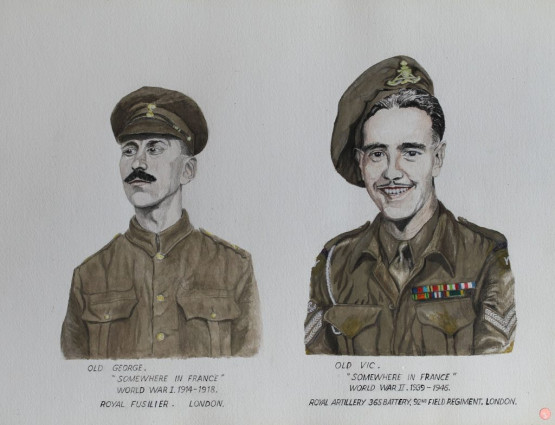 (Original photos with daughter, Jennifer) Old George. “Somewhere in France” World War I 1914-1918. Royal Fusilier. London. Old Vic. “Somewhere in France” World War II 1939=1945. Royal Artillery 365 Battery. 92nd Field Regiment. London