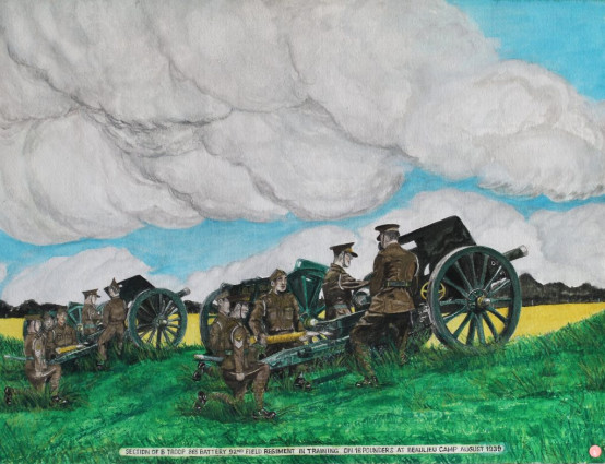 Section of B. Troop 365 Battery 92nd Field Regiment in training on 18 pounders at Beaulieu Camp, August 1939