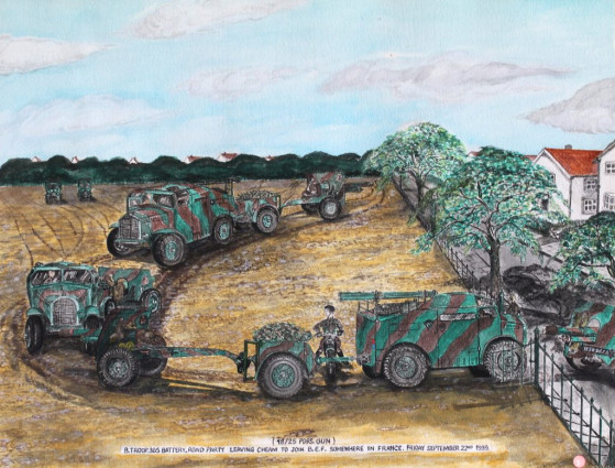 (18/25 PDRS. Gun) B.Troop. 365 Battery, Road Party leaving Cheam to join B.E.F. Somewhere in France, Friday September 22nd 1939.