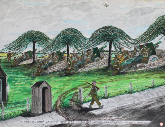 “B” Troop, 265th Battery gun position known as The Willows (Gort Line) Auchy. German reconnaissance plane above. Oct 13th – Dec 29th 1939.