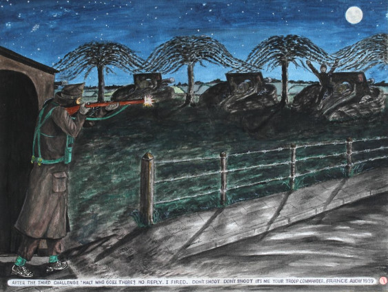 After the third challenge “Halt. Who goes there?” No reply. I fired. “Don’t shoot, don’t shoot. It’s me your Troop Commander.” France. Auchy 1939.