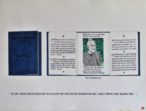 Dr J. Stanfield. The O.B.C. Prayer Bok (My bible) sent to me at Auchy 1939. Been with me throughout the war. I used it for the dying soldiers. 1940. (This Book from The Oxford & Bermondsey Club is now buried with Vic at Chislehurst Cemetery.)