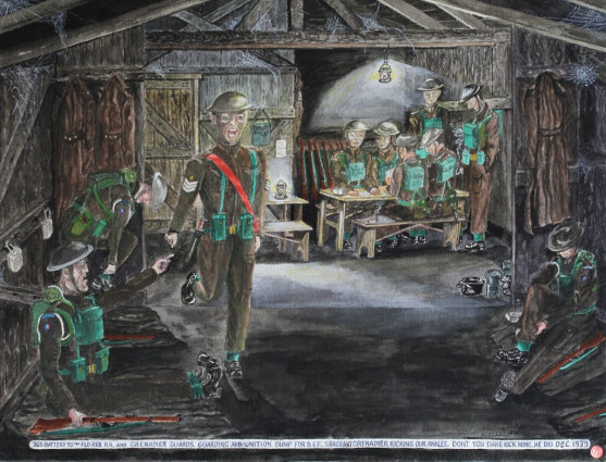 365 Battery 92nd Fld.Reg.R.A. and Grenadier Guards, guarding ammunition dump for B.E.F. Sergeant Grenadier kicking our ankles. “Don’t you dare kick mine.” He did. Dec 1939.