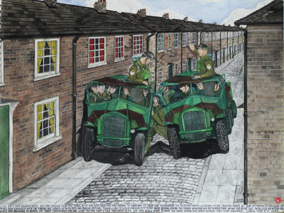 April 29th. Left Armentieres for the Somme country. April 30th was told we are going to Norway to stop the invasion of the German Army. Later we were told we cannot go. Our 15th Infantry Brigade of 5th Div. Was engaged with the enemy. We joined up with the 25th Inf/Brgde 50th Div. Travelling to Lihus on May 5th,’ troop Quad broke down. The driver waving us on to overtake. As we did so he got dragged between the Quads and squashed to death. My troop commander asked me “Is he the one that stole your bootlaces?” “Sir, you will have to wait six years when this war is over for that answer.” Lihus, May 5th 1940.