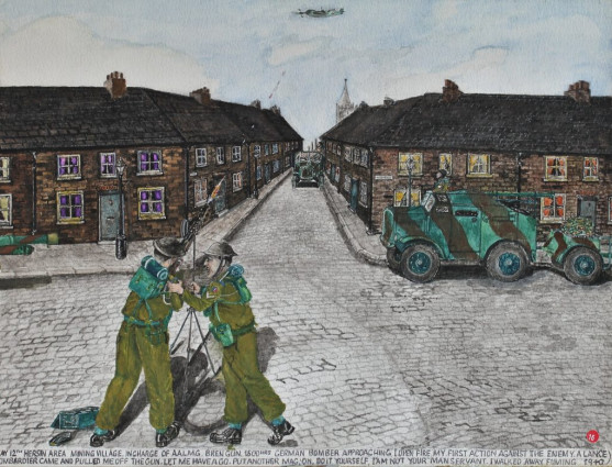 May 12th Hersin area mining village. In charge of A.A.I.M.G. Bren Gun. 1500hrs. German bomber approaching. I open fire, my first action against the enemy. A Lance Bombardier came and pulled me off the gun. “Let me have a go. Put another mag. on.” “Do it yourself. I am not your man servant.” I walked away fuming. 1940.