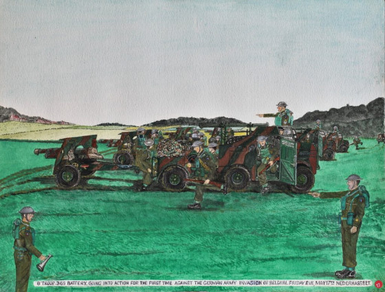 ‘B’ Troop. 265 Battery. Going into action for the first time against the German army invasion of Belgium. Friday, May 17th Nederhasselt.