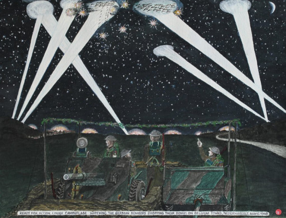 Ready for action. Under camouflage, watching the German bombers dropping their bombs on Belgium towns. Nederhasselt. May 17th 1940.