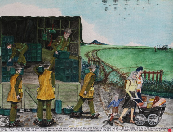 “Where the hell have you been? We been waiting two hours for ammo.” “Got held up, refugees blocking the road. We help to give birth of a baby to Belgium woman refugee in the lorry.” “I see, the war comes to a stop waiting for a baby to be born, there not enough ammo here to kill a fly, let alone to stop the German army.” May 18th 1940.