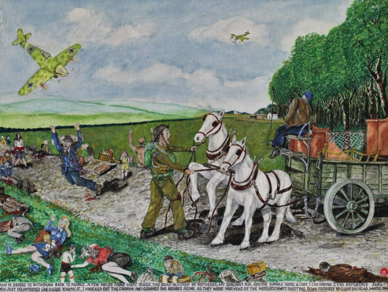 May 19. Orders to withdraw back to France. A few miles from Vimy Ridge. The road blocked by refugees. My sergeant ask anyone handle a horse & cart. “I can, having 2 yrs experience, Serg.” “You just volunteered Gnr Uggles to move it”. I knocked out the carman and grabbed the horses reins as they were nervous of the Messerschmitt shooting down refugees to clear the road. May 20th 1940.