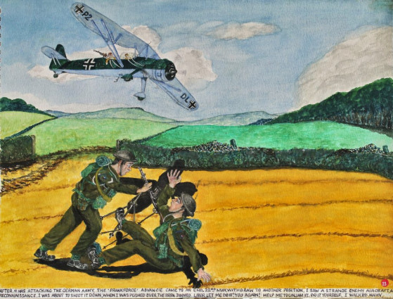 After 9 hrs attacking the German army, the ‘Frankforce’ advance came to an end. 22nd May. Withdraw to another position. I saw a strange enemy aircraft, a reconnaissance. I was about to shoot it down, when I was pushed over, the Bren jammed. L/BDR “Let me do it. You again. Help me to unjam it” “Do it yourself.” I walked away.