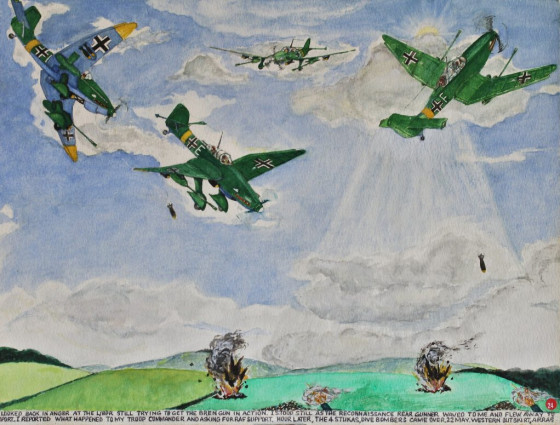 I looked back in anger at the L/BDR still trying to get the Bren gun in action. I stood still as the reconnaissance rear gunner waved to me and flew away to report. I reported what happened to my troop commander and asking for RAF support. Hour later, the 4 Stukas dive bombers came over. 22nd May, Western outskirt, Arras.