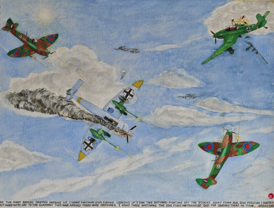 As the first bombers dropped missing us, I heard machine gun firing. Looking up I saw two spitfires fighting off the Stukas away from our gun position. I shouted out aloud with joy to the gunners, “They have arrived, there are spitfires.” I stood there watching the dog fight and thanked God for sending them in time. Arras 1940.