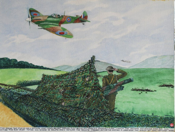 After seeing two Stukas and a spitfire shot down and one German pilot bailed out from his smoking plane, I watched the spitfire returning over our gun position. The RAF pilot tipped his wings in salute and I return the salute. I thought but for the mistake the L/BDR made this should not have happened. Arras.