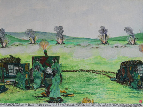 The Arras counter attack May 20th-24th Vimy Ridge. Our op’s on the Canadian War Memorial. Gas alert. But this was a false alarm as the German artillery 105 millimetres shells landed in front of us, so a queer mist came out of the shell holes. No 4 gun ‘B’Trp 265 Batt.92nd Field REGt. La Gueule d’Ours May 23rd.