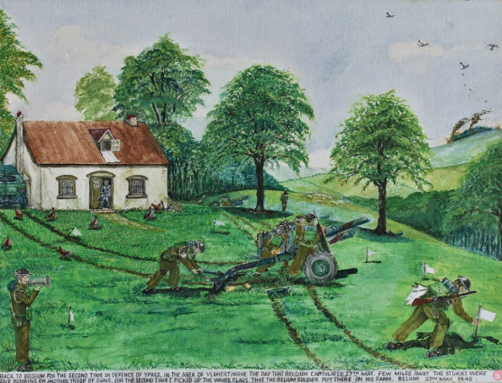 Back to Belgium for the second time in defence of Ypres, in the area of Vlamertinghe the day that Belgium capitulated. 27th May. Few miles away the Stukas were dive bombing on another troop of guns. For the second time I picked up the white flags that the Belgium soldier put there on his farm. Belgium 27th May 1940.