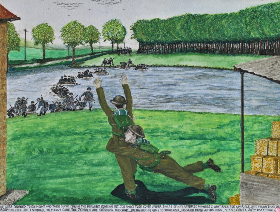 We were ordered to dismount and take cover during the heaviest bombing yet. Joe and I took cover under bales of hay. After 20 minutes I went back for my rifle and found that the troop has left. “Joe!” I shouted, “they have gone. The Jerries are crossing the canal.” Joe raised his arms to surrender. “No.” And dived at his legs. Ypres Canal 28th May 1940.