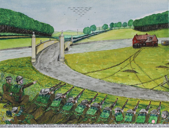 Pointing out to the officer. Where the German infantry landed by rubber dinghies. “Are you infantry?” I ask. “No. We are Eng/Sappers to blow the bridge up. Waiting for the German tanks to arrive on it.” “My advice to you, Sir, is to blow it up now and get out of here.” He ordered his men to face the farm and be ready. Joe and I left to find our regiment. 28th May 1940.