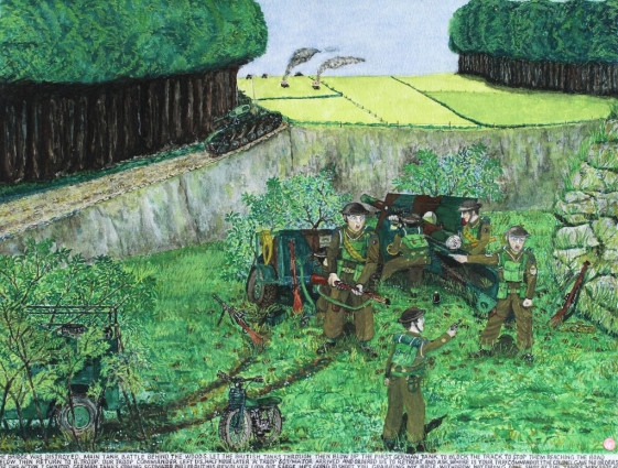 The bridge was destroyed. Main tank battle behind the woods. Let the British tanks through then blow up the first German tank to block the track to stop them reaching the road below. Then return to ‘B’ Troop. Our troop commander left us. Half an hour later ‘A’ Troop SGT/Major arrived and ordered us to retreat and asked, “Where is your commander? The colonel gave no orders for this action.” I shouted “German tanks coming.” Sgt/Major pulled out his revolver. “Look out Sarg. He’s going to shoot you,” grabbing my rifle, withdrew not firing one shot at the tanks. May 28th 1940.