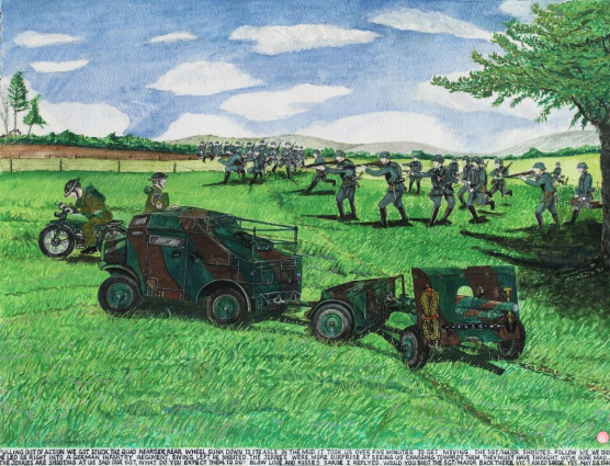 Pulling out of action we got stuck. The Quad nearside rear wheel sunk down to its axle in the mud. It took us over five minutes to get moving. The Sgt/Major shouted “Follow me.” We did. He led us right into a German infantry regiment. “Swing left,” he shouted. The Jerries were more surprised at seeing us charging towards them, they must have thought we’ve gone mad. “The Jerries are shooting at us” said our Sgt. “What do expect them to do! Blow love and kisses Sarge,” I replied. “Would you (have) shot the Sgt/Major back there, Vic?” asked Sarge. “Yes.” May 28th 1940.