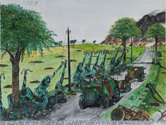 Retreat to Dunkirk May 30th. On our way to Poperinghe we saw a battery of 3.7 ack-ack guns with splayed muzzles. They have been blown up. Rifles, papers and ammunition were left lying about. What a chaotic mess. Poperinghe itself was ablaze and the German’s heavy artillery shells were falling, stoking up the flames. “Hey Sarge. No wonder we have lost the battle in the air. No air force and now the B.E.F. blowing up all ack-ack guns. What the bloody hell’s going on?”