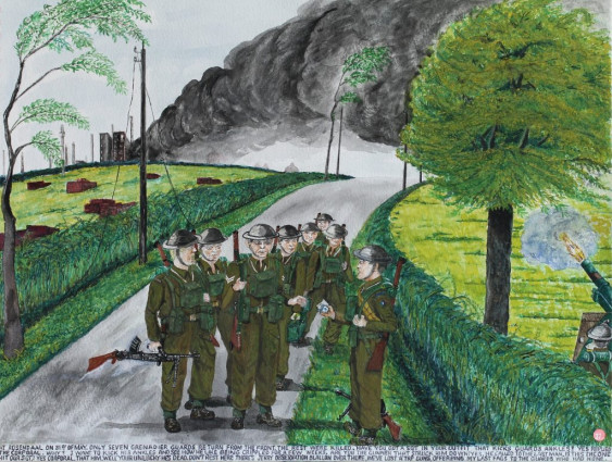 At Rosendale on 31st of May. Only seven Grenadier Guards return from the front. The rest were killed. “Have you got a Sgt. in your outfit that kicks guards’ankles?” “Yes,” replied the Corporal. Why?” “I want to kick his ankles and see how he likes being crippled for a few weeks.” “Are you the gunner that struck him down?” “Yes.” He called to the last man. “Is this the one hit our Sgt.?” “Yes, Corporal, that’s him.” “Well, your unlucky. He’s dead.” “Don’t rest here. There’s Jerry Observation Balloon over there. We’ve lost ‘A’ Trp.Guns” offering my last fags to the guards who had none.