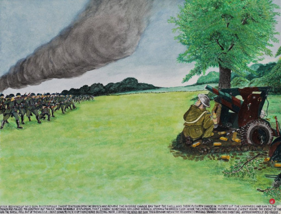 After blowing up No2 gun successfully, I went to No1 gun, opened the breech and removed the misfire charge. Saw that the shell was there, put a new charge in, picked up the lanyards and ran to the trench and pulled. The gun fired but there was no double explosion, that I knew something has gone wrong. Opening the breech, I look inside the lining. There was no damage. I went round the front of the gun, the shell fell out of the muzzle. I bent down to pick it up then I heard buzzing noise. I looked behind and saw the German infantry regiment charging towards me and shooting approximately 80 yards.
