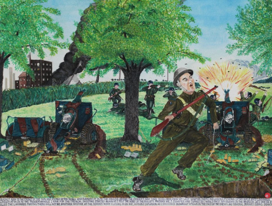 I quickly ran to the front of the gun and picked up the shell and rammed it into the muzzle before the Jerries had time to recover from my last gunfire, then I reloaded, picking up my rifle and lanyards already attached to the trigger handle. I ran for the trench. Shooting started again as I felt the wind of the bullets passing me. I jumped and turned so I would face my enemy in the trench. As I did so I pulled the lanyards praying there will not be another misfire, as the Jerries were closing in on me. A double explosion succeeded blowing up No1 gun in the face of the enemy and several Jerries going down.