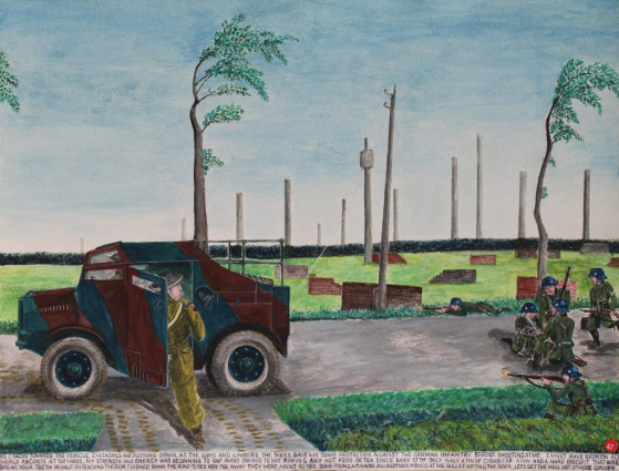 As I raced towards the vehicle, zigzagging and ducking down as the guns and limbers the trees gave me some protection against the German infantry started shooting at me. I must have broken all world records at 100 yards, my strength and energy beginning to sap away owing to not having any hot food or tea since May17th, only half a tin of cornbeef a day and a hard biscuit that would break your teeth in half. On reaching the door I looked down the road to see how far away they weren aout 40yeards, some fixing a canon and another firing at me, bullet hitting the door. “Let’s get out the hell out of here, Ginger.”