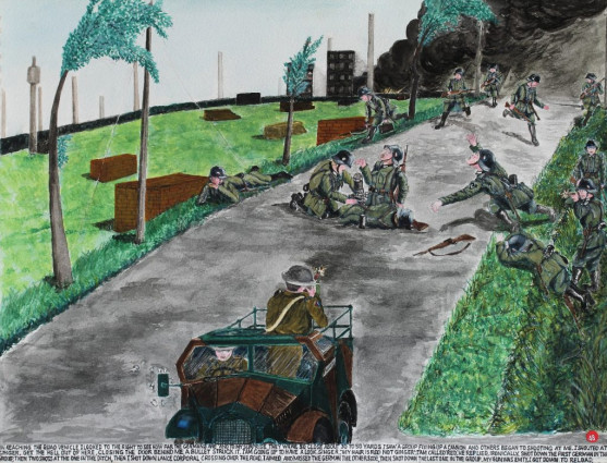 On reaching the Quad vehicle I looked to the right to see how far the Germans are and to my surprise they were so close, about 30 to 50 yards I saw a group fixing up and canon and others began to shoot at me. I shouted at Ginger “Get the hell out of here.” Closing the door behind me, a bullet struck it. “I am going up to have a look,Ginger.” “My hair is red not ginger. I am called Red”, he replied ironically. Shot down the first German in the group, then two shots at the one in the ditch. Then I shot down Lance Corporal crossing over the road. I aimed and missed the German the otherside then shot down the last one in the group. My gun was empty. I got down to reload.