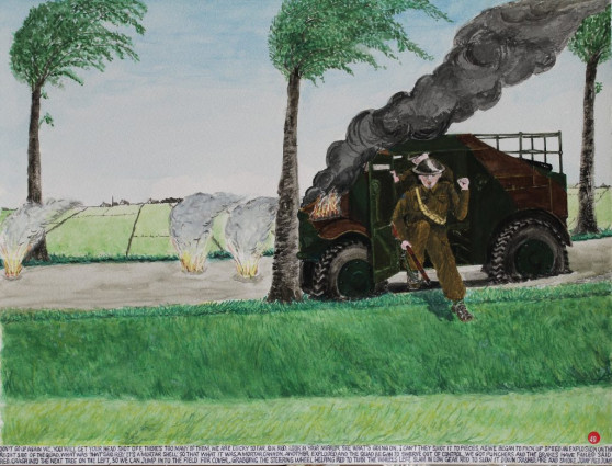 “Don’t go up again Vic, you will get your head shot off. There’s too many of them we are lucky so far.” “OK Red. Look in your mirror, see what’s going on.” “I can’t, they shot it to pieces.” As we began to pick up speed an explosion on the right side of the Quad. “What was that?” said Red. “It’s a mortar shell.” “So that’s what it was, a mortar cannon.” Another exploded and the Quad began to swerve out of control. “We got punctures and the brakes have failed,” said Red. “Crash into the next tree on the left so we can jump into the field for cover.” Grabbing the steering wheel, helping Red to turn the wheels left, slammed in low gear to slow it down. Crashed. Fire and smoke. “Jump, Red, jump.”