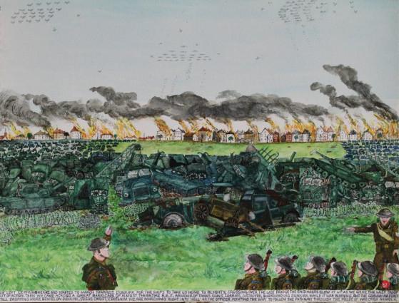 We left Leffringhokke and started to march towards Dunkirk for the ships to take us home to Blighty, crossing over the last bridge the engineers blew it up as we were the last troop out of action. Then we came across a great barricade of almost the entire B.E.F. armour of tanks, guns, lorries destroyed surrounding Dunkirk while it was burning and the German air force still dropping more bombs on Dunkirk. “Jesus Christ,” I exclaim “ we are marching right into ‘Hell’”, as the officer pointing the way to follow the pathway through the fields of wrecked armour.