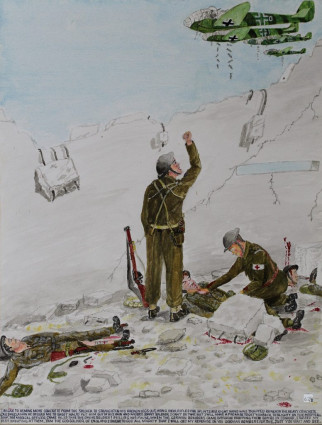 I began to remove more concrete from the soldier to straighten his broken legs out, using their rifles for splints. His right hand was trapped beneath the heavy concrete, crushed. Again he begged me to shoot him to put him out of his pain and misery. “Sorry soldier, I can’t do that but I will make a promise to get you back to Blighty on the hospital ship.” The medical officer came in. “Is this the dying soldier?” I, feeling his pulse when the German bombers came overhead dropping their bombs on Dunkirk, I raised my fist, shouting at them, “I am the Godsoldier of England. I swear to God Almighty that I will get my revenge on you German bombers for this. Just you wait and see.”