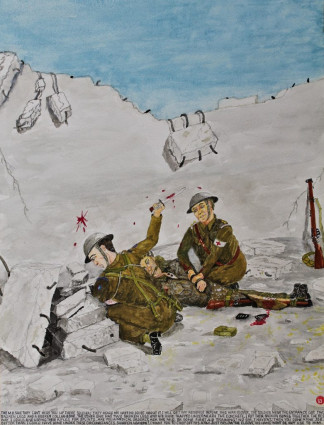 The M.O. said “They can’t hear you up there soldier.” They heard me have no doubt about it. I will get my revenge before this war is over. The soldier near the entrance got two broken legs and a broken collar bone. The other one has two broken legs and his hand trapped underneath the concrete. I put their broken bones together the best way I could and using their rifles for splints. “Are you are medical orderly?” asked the M.O. “Or done First Aid training?” “No Sir, I haven’t.” “Then you done a fine job, better than I could have done under the circumstances. Sharpen a bayonet. I want you to chop off his arm just below the elbow, his hand won’t be any use to him.”