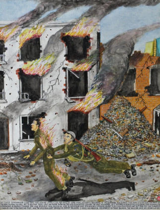 My Troop Commander came over and asked me would I go and rescue some more wounded soldiers in the burning buildings. I asked him “Where are the rest of the men you said you will get to help me?” “There isn’t anymore. They’re too tired and exhausted. You are the only volunteer.” As 1 entered a building a soldier came running out screaming in agony. I chased him and brought him down. He was screaming and struggling. I struck a blow to his chin, knocking him out and put the flames out. I carried him to the first aid post and the M.O. said “Don’t bring me burnt soldiers. I have no medical equipment to treat burns.” The soldier died an hour later.