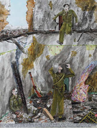 I entered the building where the burning soldier came out. I saw a soldier sitting with his face against a beam. I pushed him back to the wall from the burning wood and I noticed that half his face was burnt away leaving half a skull. I cut one of his identity discs off then I called out is there was anyone else in the building. A voice came from above calling for help from the second floor. ”Jump soldier, I will catch you in my arms.” “I have a broken shoulder and a busted ankle.” “There’s a hospital ship anchored at Dunkirk to take the wounded back to Blighty.” The soldier jumped. Catching him I broke three of his ribs.