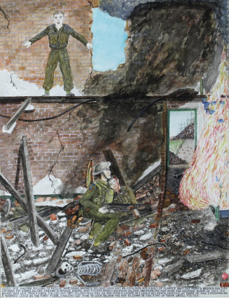 Going into another building to rescue some more wounded soldiers there was an explosion and a ball of flames shot out from a broken gas pipe catching the stairs alight. I began to remove bricks and timber from a wounded soldier. The other one was dead and another burnt up, only his bones were left. Then a voice called out, “Hey! Soldier will you go and find a ladder so I could get down?” Looking up there he was standing on a narrow ledge on the first floor. “I haven’t got time to look, soldier. You got to jump or you stay up there until you die.”