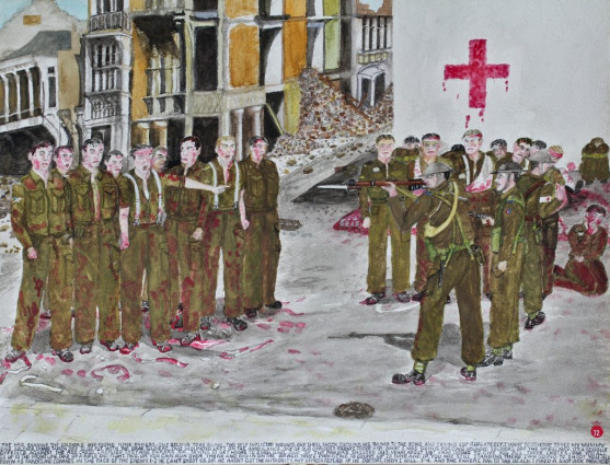 The M.O. examined the soldiers and found nine fakers. One believed to be blind, two self-inflicted wounds, one shell shock, sucking his thumb to the bone and crying out repeatedly to go home to see my mummy. One soldier dying taken off to be put with the dead soldiers. Two wounded left on the ambulance. One of our officers from ‘C’ troop asked what I was doing forcing wounded soldiers off the ambulance. “It’s a serious offence against the Red Cross”.
I replied, “They are fakers, Sir, trying to get home to England.”
One of the fakers shouted out “What about us?”
“I am going to give you all three choices: One – you all go up to the front line, take up a rifle and fight. Two – or you can run over there and dig in on the beach. Three – I am going to count up to nine and if you are still standing there I am going to shoot you all down as fakers and cowards in the face of the enemy. 1 – 2..”
“He can’t shoot us, Sir. He hasn’t got the authority.” My officer replied “If he doesn’t, then I will, 3 – 4, and the fakers ran to the beach. I fired a shot over their heads.