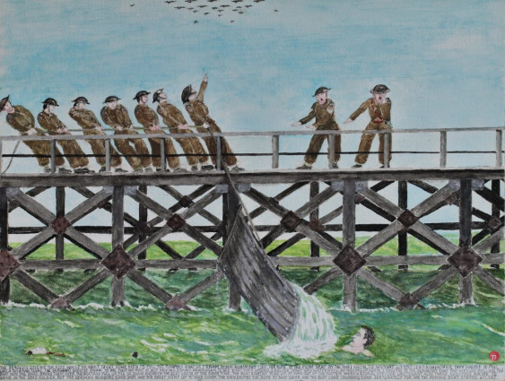 The sergeant gave me the rope while he went to get some men to pull the rowing boat up. I swam down again and tied the rope to the front seat. By the time I finished the sergeant got some of his men from H.Q. They started to pull like a tug of war team. The sergeant shouted down to me that the boat is not moving. I swam down again to see what was wrong. I realised what was happening. Swimming up again, I shouted to the sergeant that the men are pulling the boat onto the sand. “Bring them over the boat and pull up. I’ll go down and rock the boat loose at the same time.” The boat started to go up. It was out of the water when a Signal Officer Lieutenant also there shouting for me to bring in the dead soldier but the German bombers came over and the shout went to take cover. The men dropped the rope to take cover and the boat came crashing down. Fortunately for me the rowing boat stayed afloat.