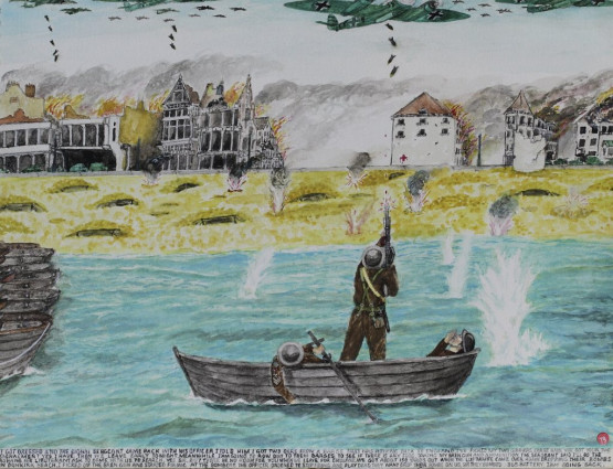 I got dressed and the Signal Sergeant came back with his officer. I told him I got two oars from a barge that was rowing back to England “I’ve picked my two gunners, have you got your two signalmen?”
“Yes I have.”
“Then we leave early tonight. Meanwhile I am going to row out to them barges to see if there is any food.” Taking my Bren gun and ammunition the sergeant said “I’ll do to the rowing,” His Lieutenant asked to come with us to search. “Yes, Sir. But there will be no room for you when we leave for England. We got about 10 yards out when the Luftwaffe came over again, dropping their bombs on Dunkirk beach. I picked up the Bren gun and started firing at the bombers. The officer ordered to stop firing and play dead. “They won’t drop their bombs on us, Sir. They bombed 365 battery. I am going back.”