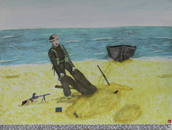 I got back to my dune and found it flattened out by an exploding bomb a few feet away. I started to dig, calling out for Joe as he was buried underneath. The Sgt/Major began the roll call. Finding Joe’s boots I started to pull him out of the dune. I sat him up and opened his mouth to scoop out of the sand. Joe wasn’t breathing. I cleared his nose and poured some water down his throat and pulled his tongue out. His throat must be blocked by sand. I thumped him hard several times on his back, then suddenly he coughed and spluttering water and sand. I ran to the sea and scooped up water in my helmet and threw it into Joe’s face. He came back to life shouting “What the bloody hell you did that for?” The Sgt/major called out his name again.