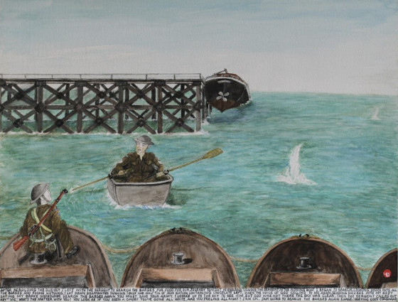 After rebuilding the dug-out I left with the Sergeant to search the barges for food for our journey tonight to England. Leaving the Sergeant in the rowing boat, began to search, looking down into all the barges and found nothing. I sat down disappointed thinking I only had half a tin of iron ration containing chocolate left, when the voice of God calling to me again, sending shivers into my body, saying “My brave Godsoldier search the barges again you must save your army.” I looked up to the sky to see him but God was not there. The sky was clear. Then the Sergeant called our “Hey, Vic! What’s the matter with you? You look as if you seen a ghost. You’ve gone all white. Are you feeling all right?”
“I’m O.K. I am going to search the barges again Sarge.” Obeying God’s command.