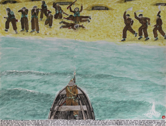 We rowed back to fetch the colonel, hoping we would send a message to the navy. The sergeant left saying “Guard the boat and don’t let anyone take it away from you.” I rowed out about hundred and fifty yards to be near the barge so I could watch to see that the operator don’t leave. The nine British infantrymen started waving their arms for me to come in. I stood up and waved my arms saying no and then they raised their rifles and started shooting at me. One bullet hitting my tin helmet. I layed down and got the Bren gun and fired back aiming below their feet. Then a wave lifted the boat up and I shot down, killing four of them. The sergeant and Colonel and the Signal officer running, waving their white handkerchiefs shouting stop firing. The other five ran away into Dunkirk buildings. 2nd June 1940.