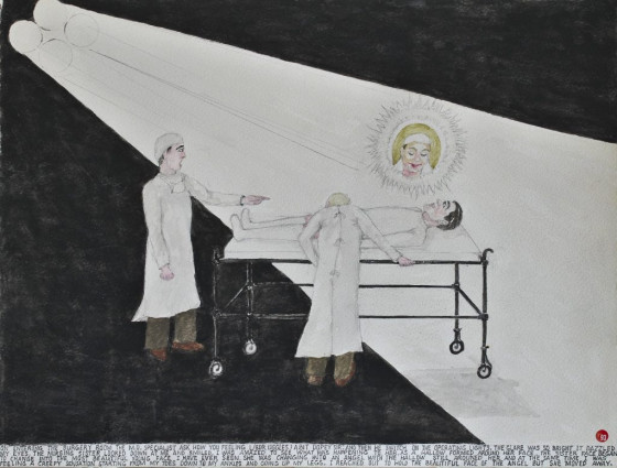 On entering the surgery room the M.O. specialist asked, “How you feeling L/BDR. Uggles?”
“A bit dopey, Sir.”
Then he switched on the operating lights. The glare was so bright it dazzled my eyes. The nursing sister looked down as me and smiled. I was amazed to see what was happening to her as a halo formed around her face, the sister’s face began to change into the most beautiful young face I have ever seen. She was changing into an angel with the halo still around her and at the same time I was feeling a creepy sensation starting from my toes down to my ankles and going up my legs. I reached out to hold the beautiful face of the angel but she moved away.